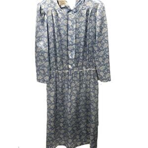 Pellini Von Bramlett Vintage Belted Blue Floral High Round Neck Dress Size 13/14